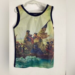 Vintage Kids Tank Top with Historic Boat Print and Navy Trim 8-10